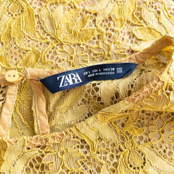 Zara Mustard Yellow Floral Lace Sheer Blouse Size Large - Picture 9 of 10